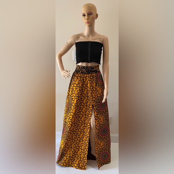 Yellow Multicolor African Print Ankara Handmade High Slit Maxi Skirt - Picture 3 of 5